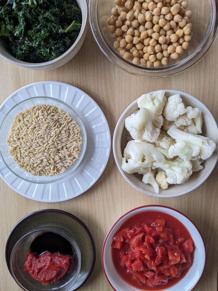Ingredients for chickpea cauliflower marinara bowls