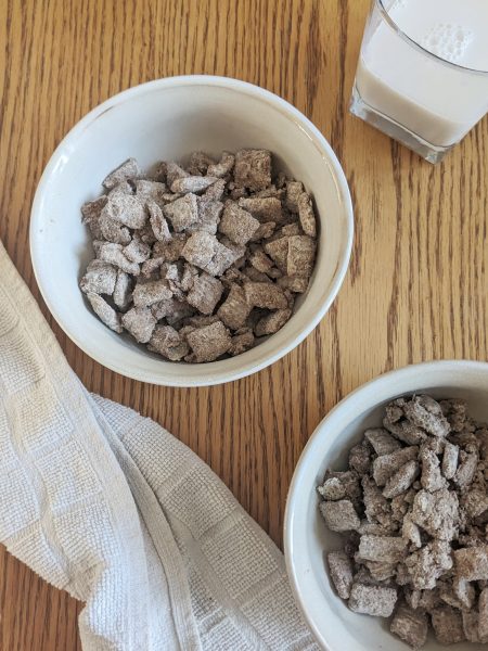 Bowls of healthier muddy buddies high protein