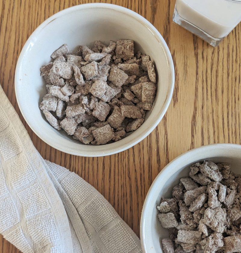 Bowls of healthier muddy buddies high protein