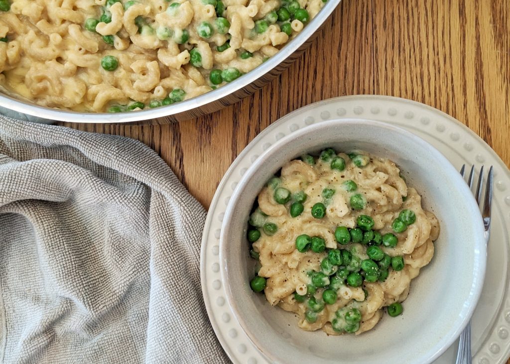cottage cheese cauliflower mac & cheese with peas