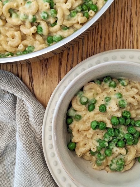 cottage cheese cauliflower mac & cheese with peas