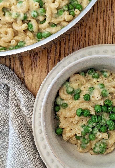 cottage cheese cauliflower mac & cheese with peas