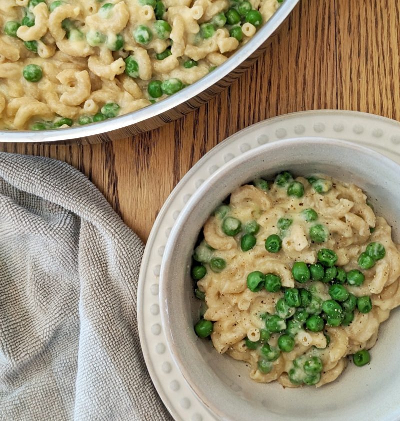 cottage cheese cauliflower mac & cheese with peas